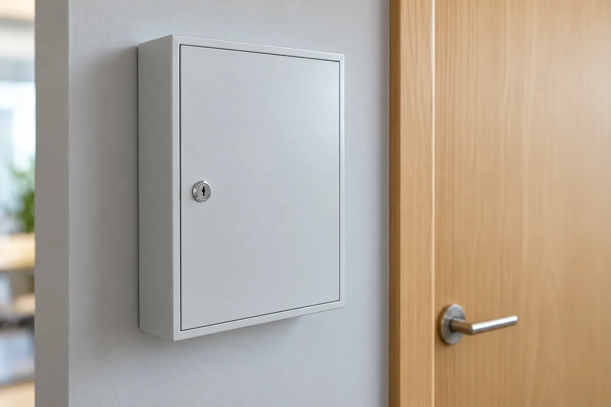 Armoire à clés murale fermée dans un couloir de bureaux