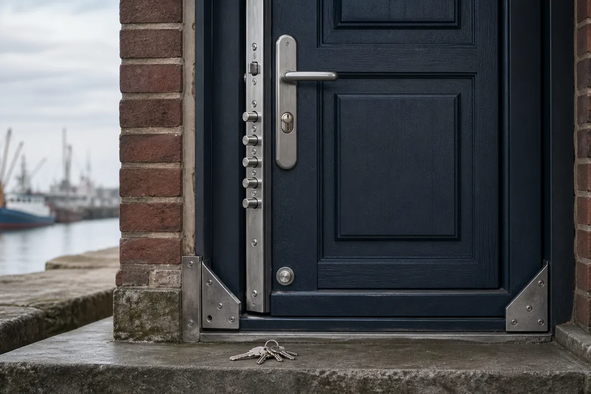 Porte d&rsquo;entrée renforcée vue de face avec sa serrure multipoints et ses cornières