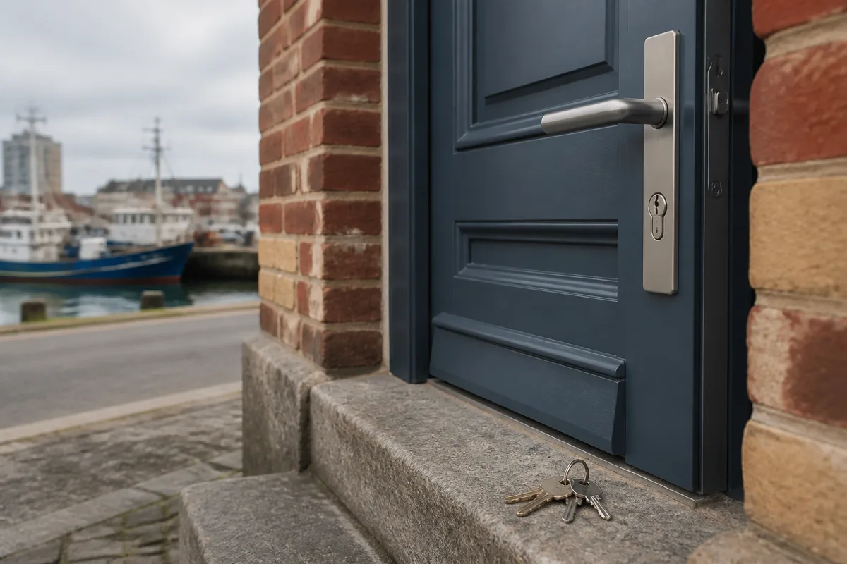 Porte d’appartement fermée vue de l’extérieur avec une poignée et un cylindre