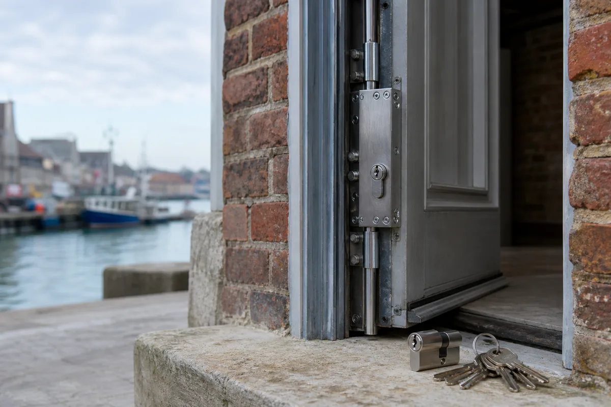 Serrure multipoints avec ses tringles verticales visible sur une porte ouverte