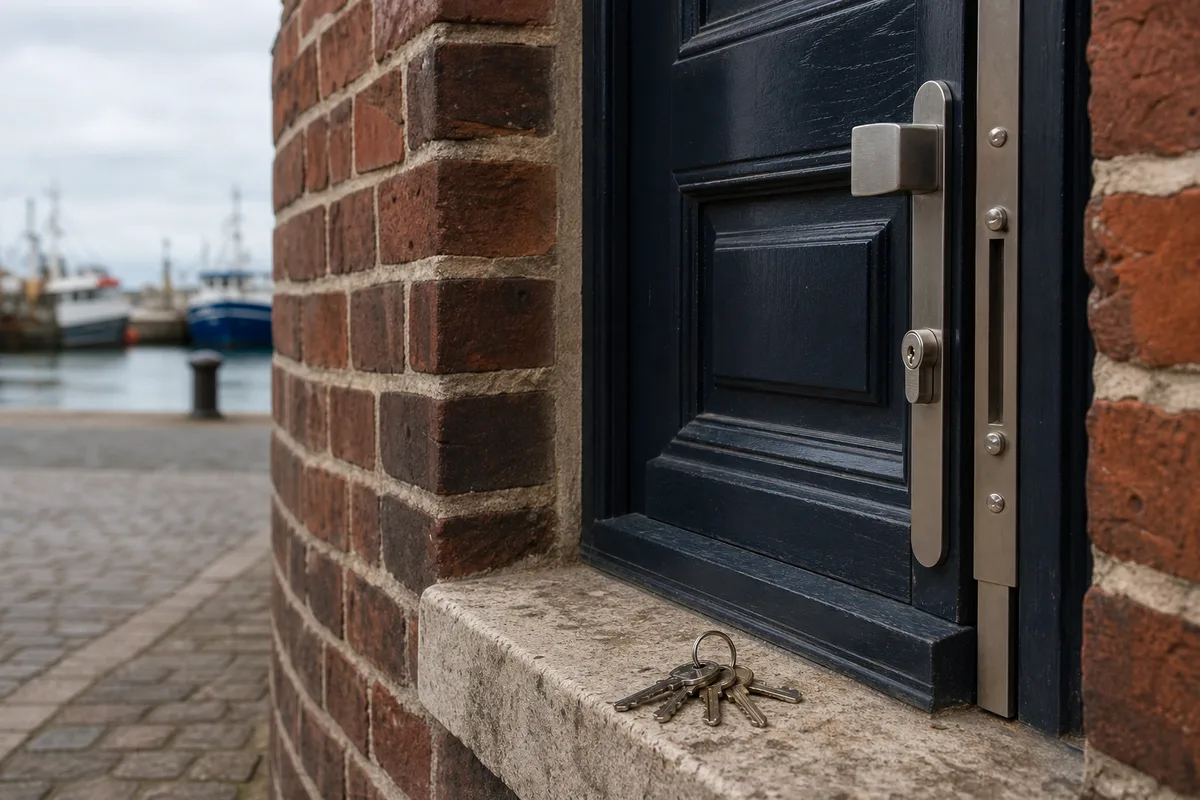 Rue de briques d&rsquo;une ville portuaire du Pas-de-Calais avec porte d&rsquo;entrée ancienne