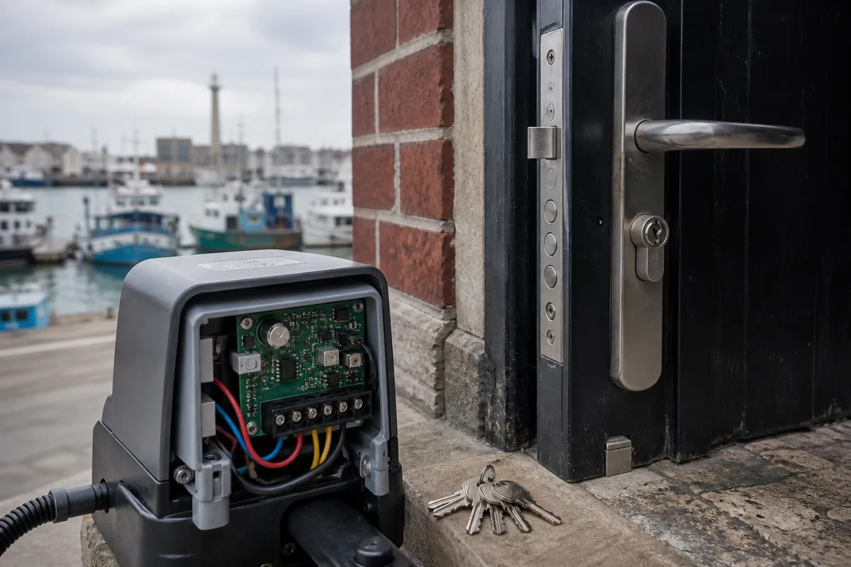 Boîtier de motorisation ouvert montrant sa carte électronique et son bouton d&rsquo;apprentissage